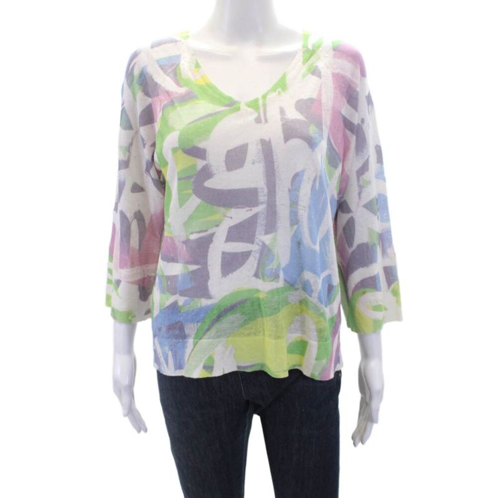 Kinross Womens Linen Abstract V-Neck Pullover Sweater Top Multicolor Size XS